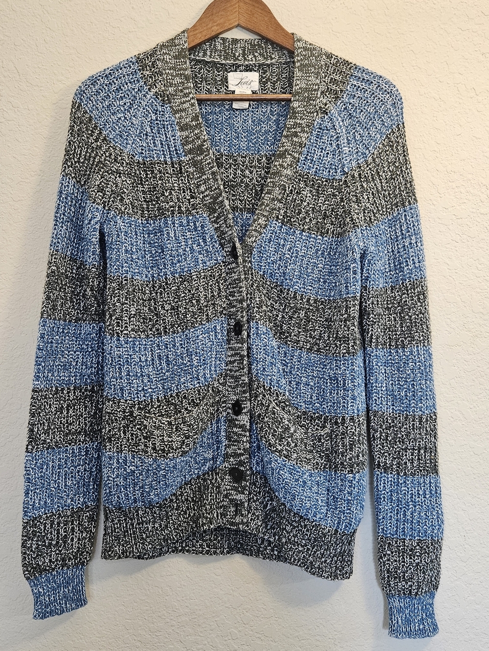 Levis Cardigan Sweater Womens Medium Grey Blue Stripe Patch‎ Pocket Button Front